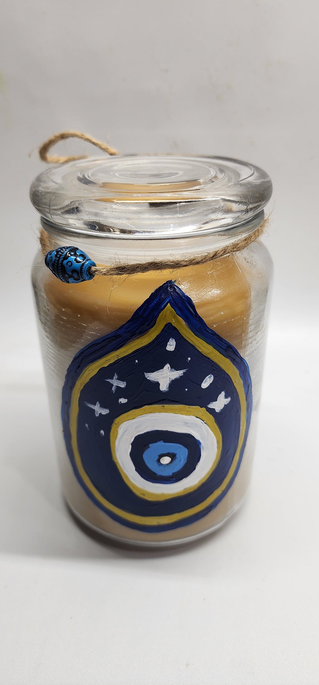 Evel eye protection candle hand painted, Very large beeswax candle 4" wide, heavy glass container