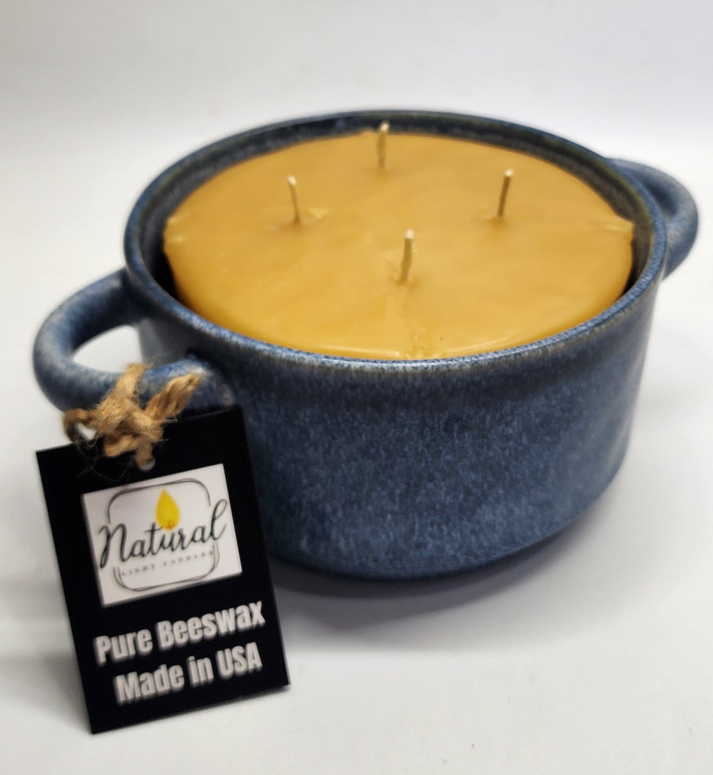 Very large pure beeswax 4 wick candle 5"W  x 3" Tall, reusable heavy ceramic container