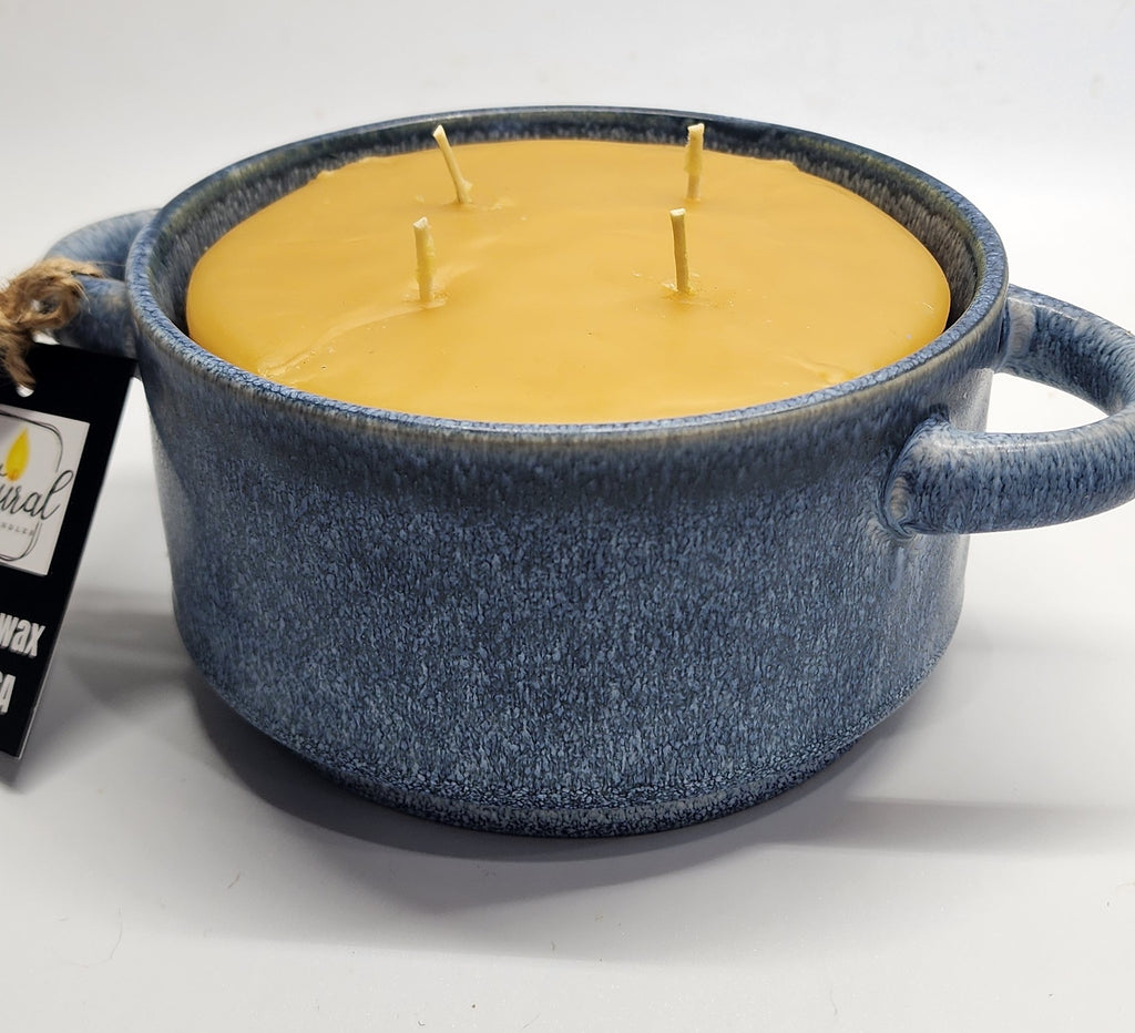 Very large pure beeswax 4 wick candle 5"W  x 3" Tall, reusable heavy ceramic container