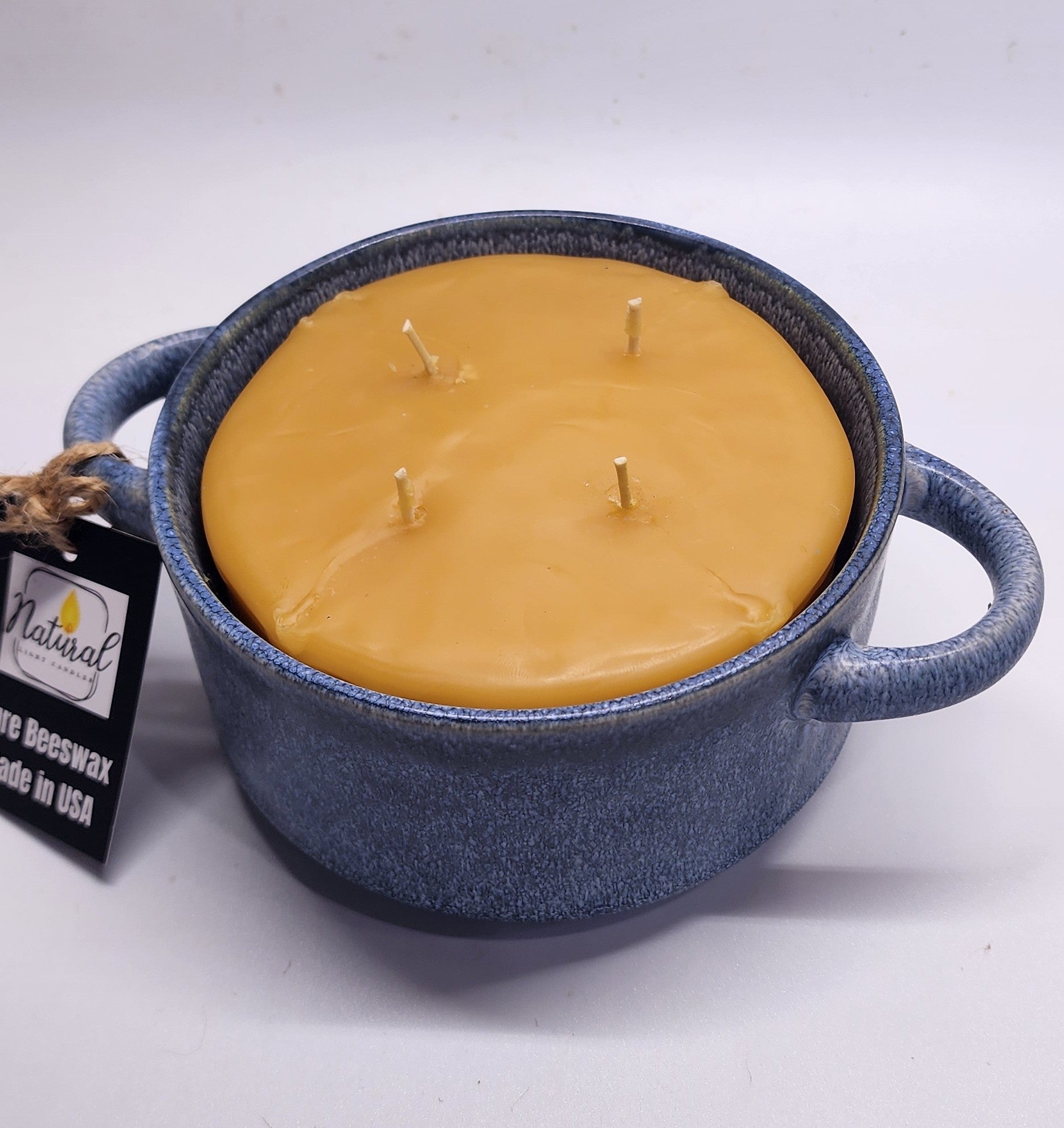 Very large pure beeswax 4 wick candle 5"W  x 3" Tall, reusable heavy ceramic container