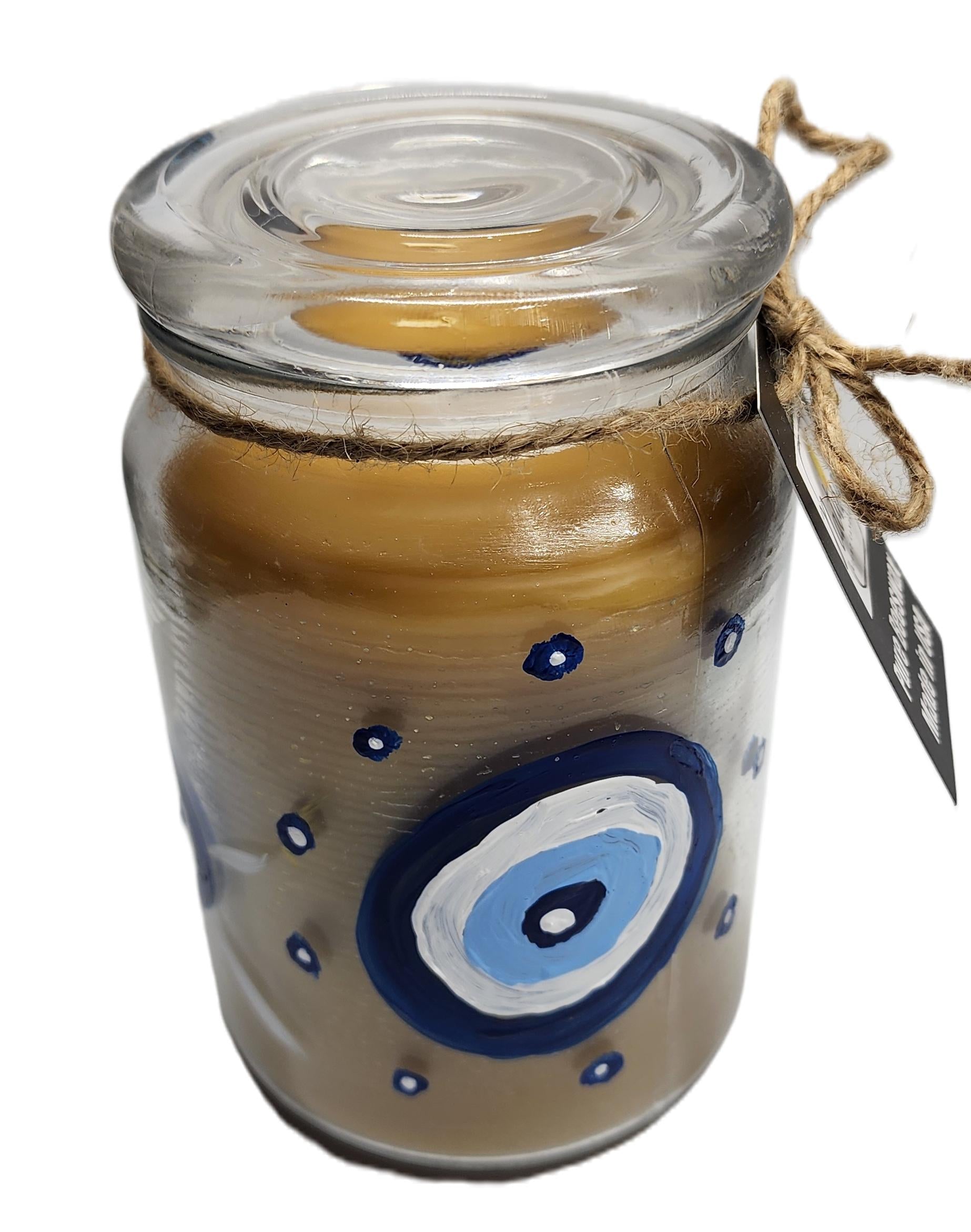 Evel eye protection candle hand painted, Very large beeswax candle 4" wide, heavy glass container