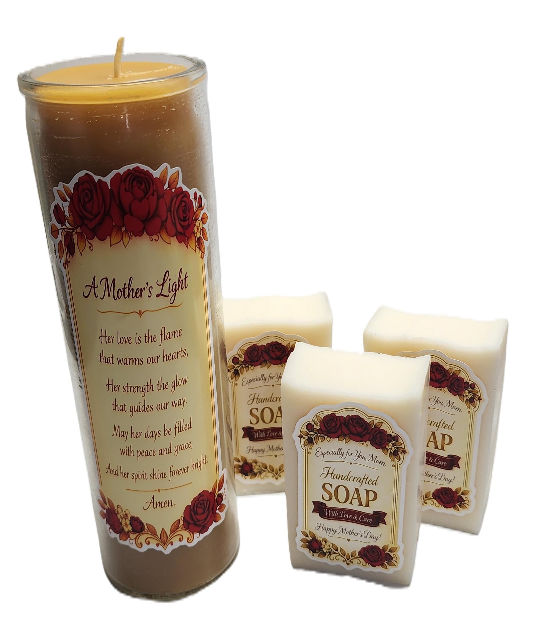 Gift for Mom or your loved one, customize your message. Beeswax candle with prayer and Artesian Lavender soaps.