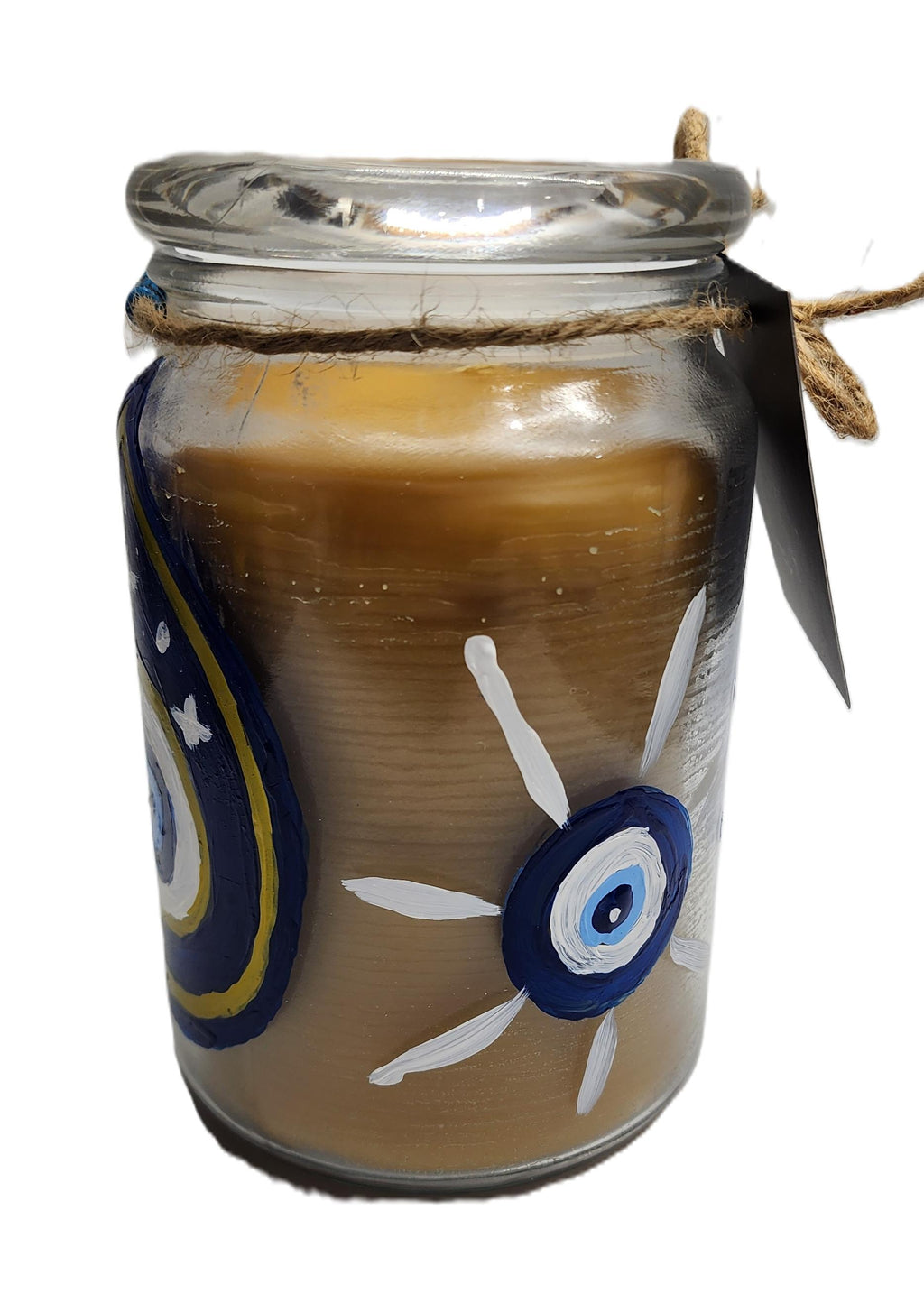 Evel eye protection candle hand painted, Very large beeswax candle 4" wide, heavy glass container