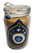 Evel eye protection candle hand painted, Very large beeswax candle 4" wide, heavy glass container