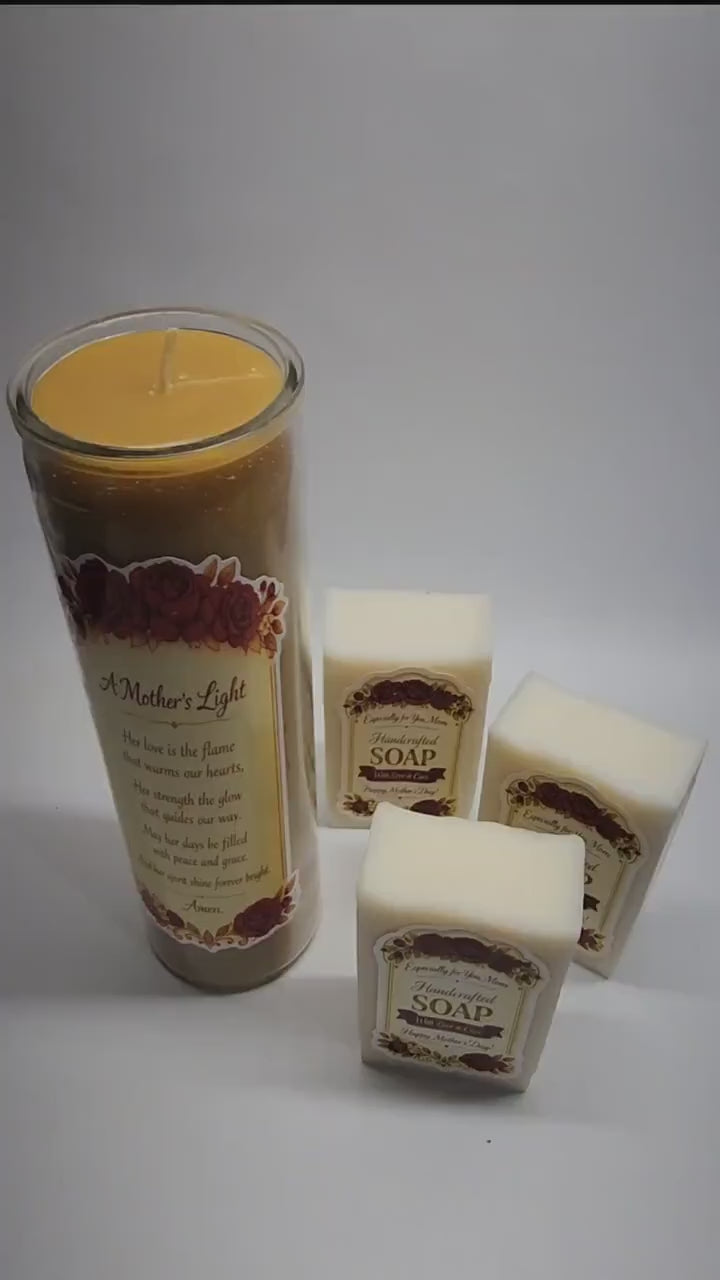 Gift for Mom or your loved one, customize your message. Beeswax candle with prayer and Artesian Lavender soaps.