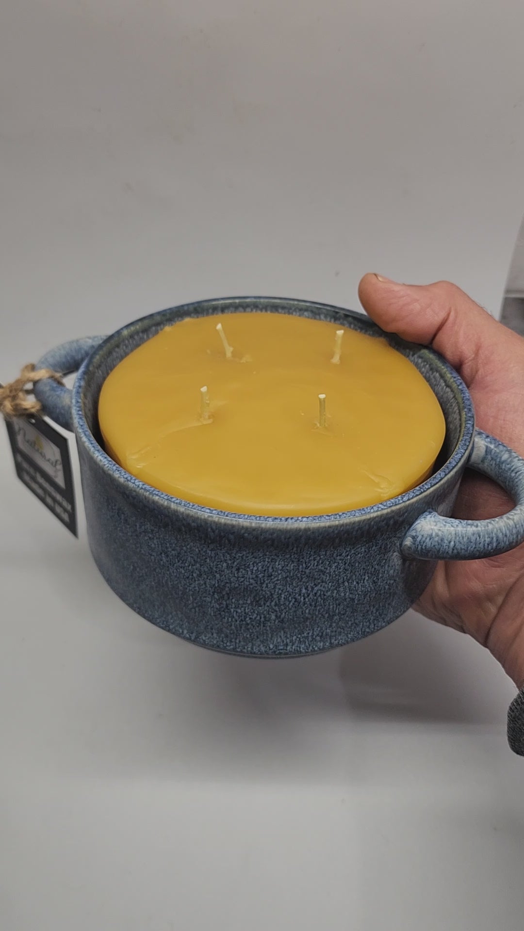 Very large pure beeswax 4 wick candle 5"W  x 3" Tall, reusable heavy ceramic container